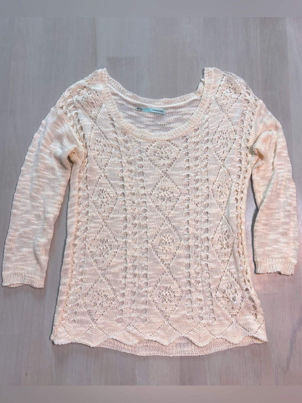 Women’s 3/4 Sleeve Knit Sheer Top Ivory Loose Fit Size Medium